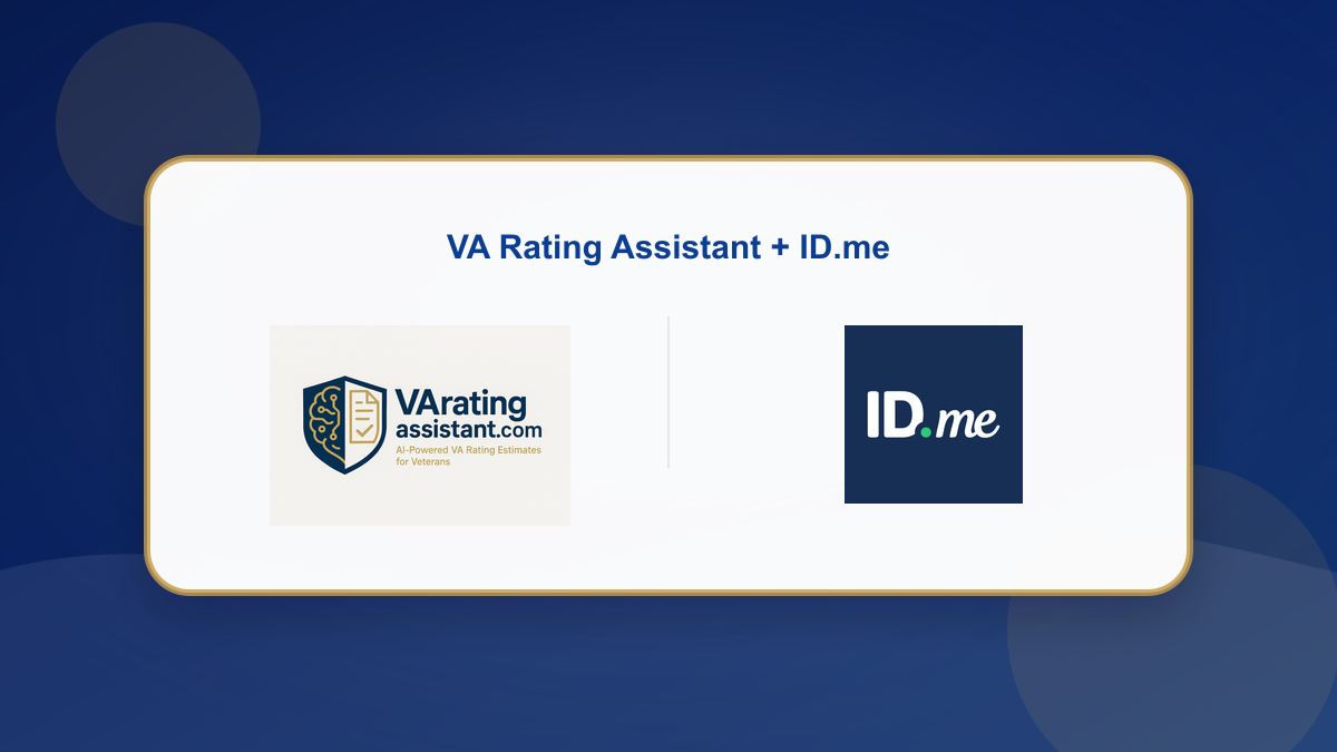 VA Rating Assistant and ID.me logos on a press release hero background